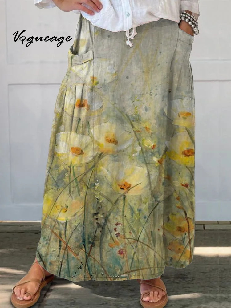 Elegant Ink Flowers Printed Women's Casual Cotton And Linen Skirt