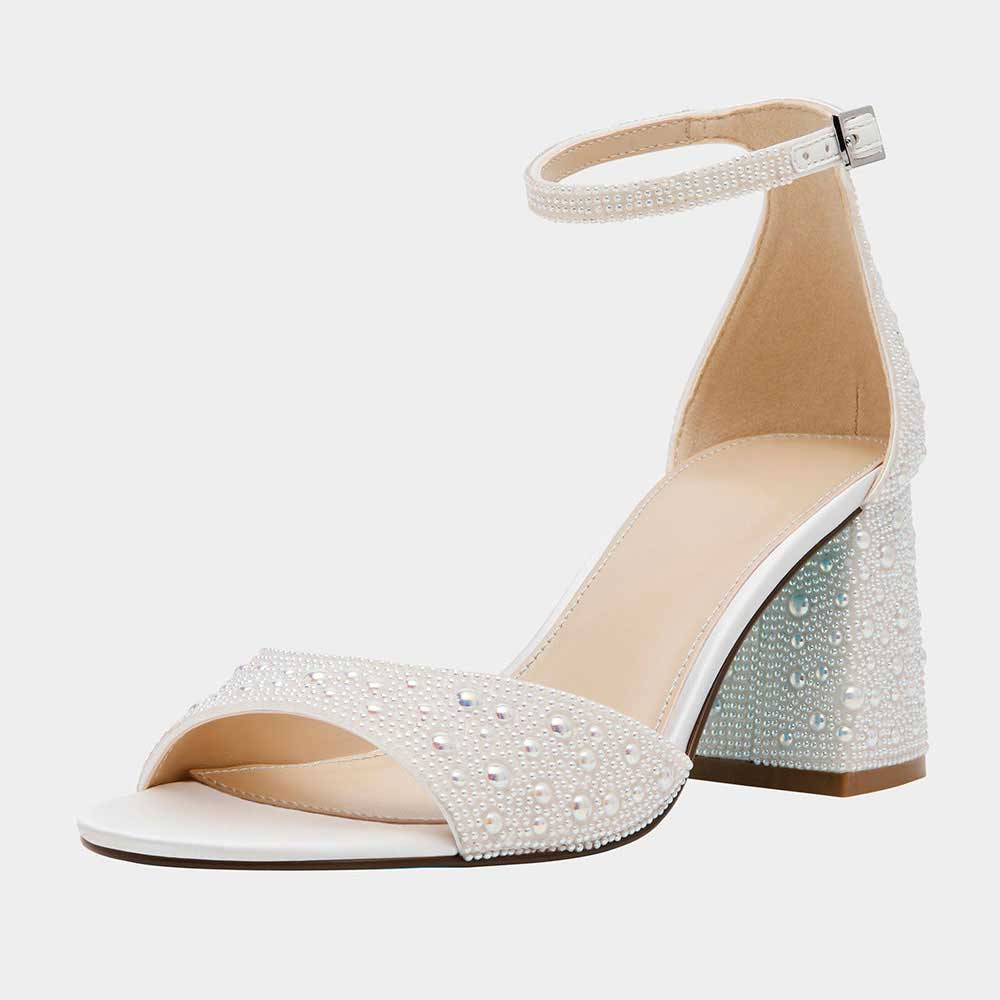 White Pearl Embellished Buckled Strap Open Toe Block Heeled Sandals Nicepairs