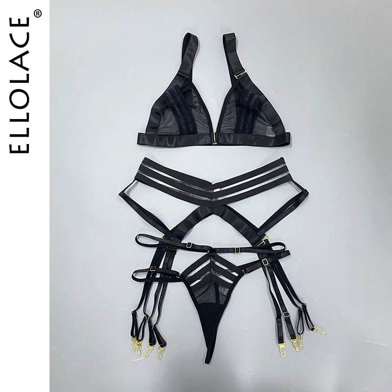 Ellolace 3-Piece Sheer Lingerie Sexy Lace Transparent Underwear Wireless Bra And Panty Set Garters and Thongs Sensual Intimate
