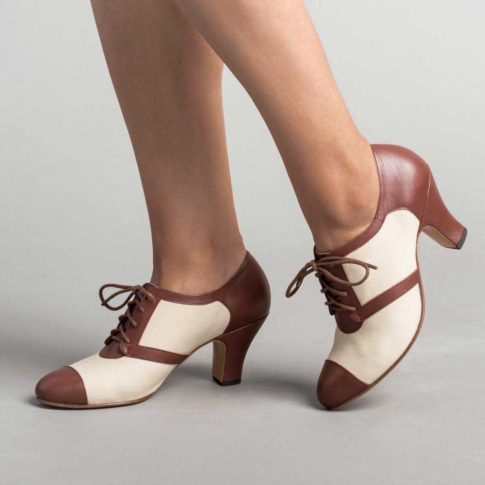 Vintage Brown & White Patchwork Spool Heel Lace Up Women's Oxfords Nicepairs