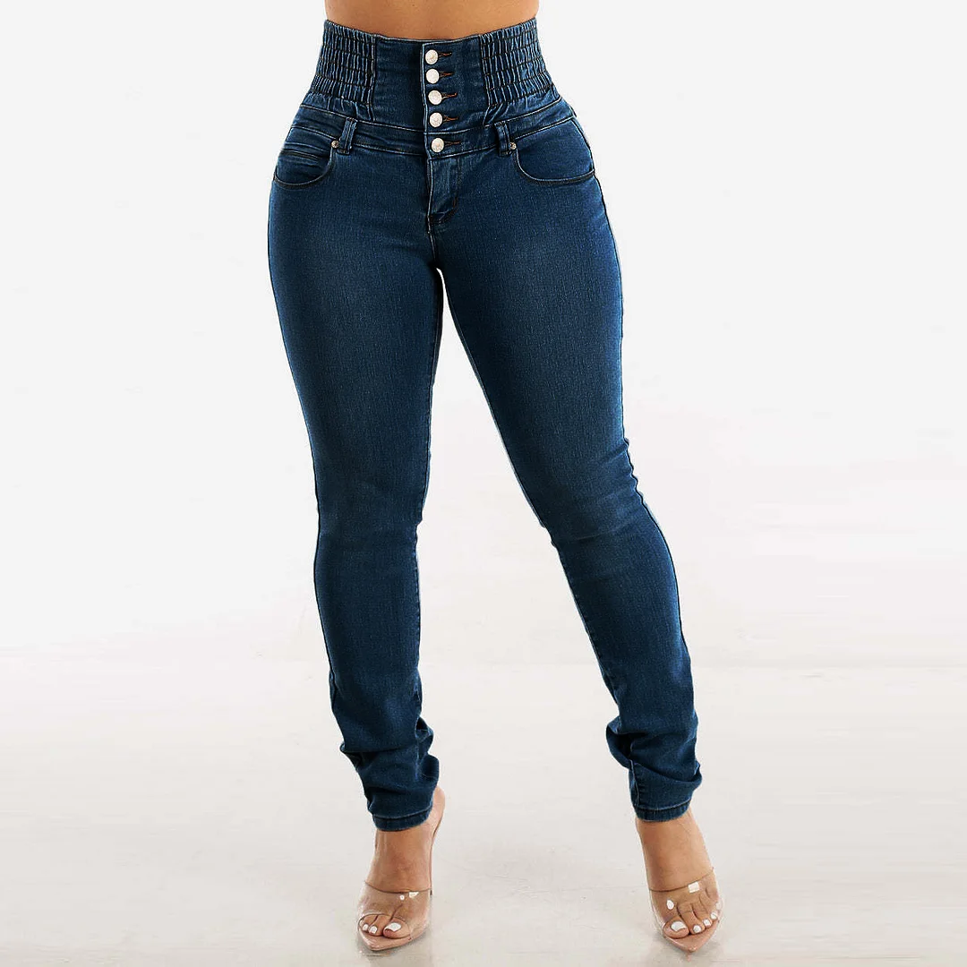 Women's Elastic and Thin Jeans Button Pencil Slim-fitting High-waisted Hip-lifting Denim Jeans