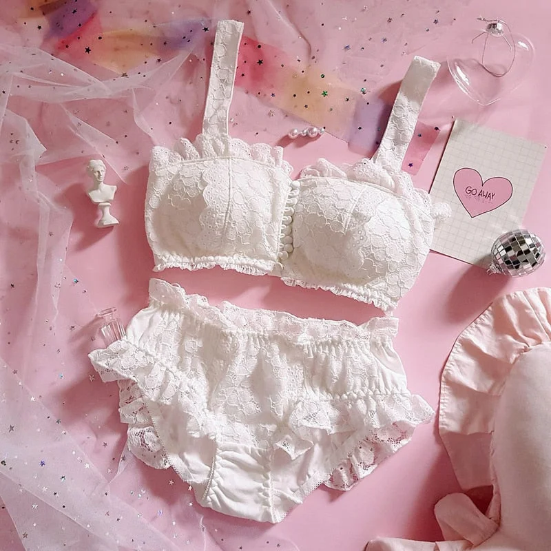 Wriufred Vintage lace bra sets fairy white button without rim lingerie set tube top embroidered underwear ruffled panties suit