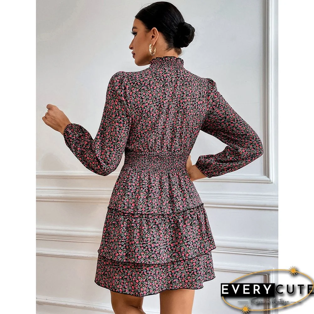 Red Layered Frilled Neck Mini Floral Dress