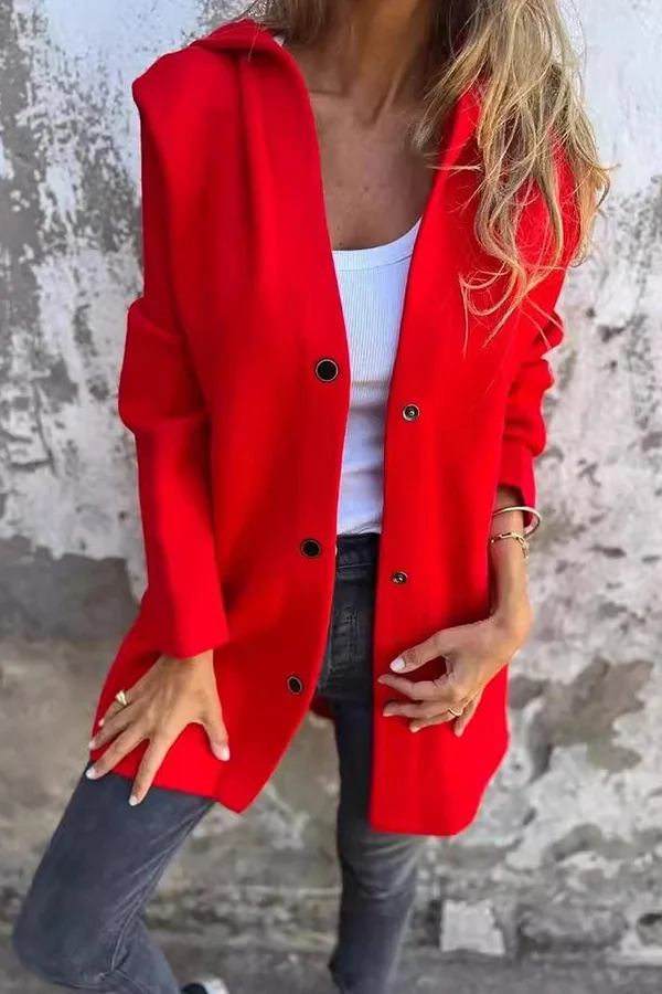 SOLID COLOR CASUAL LONG SLEEVE SINGLE BREASTED HOODED JACKET