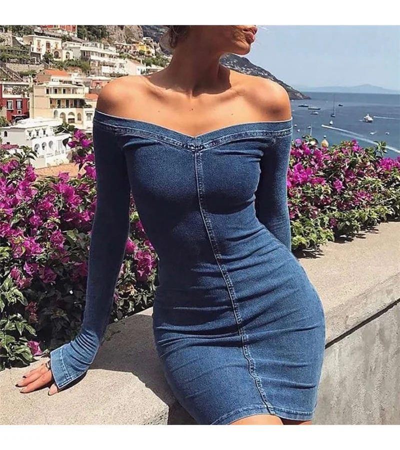 Women Long-sleeve Off-shoulder Denim Tight Dress XS-XXL