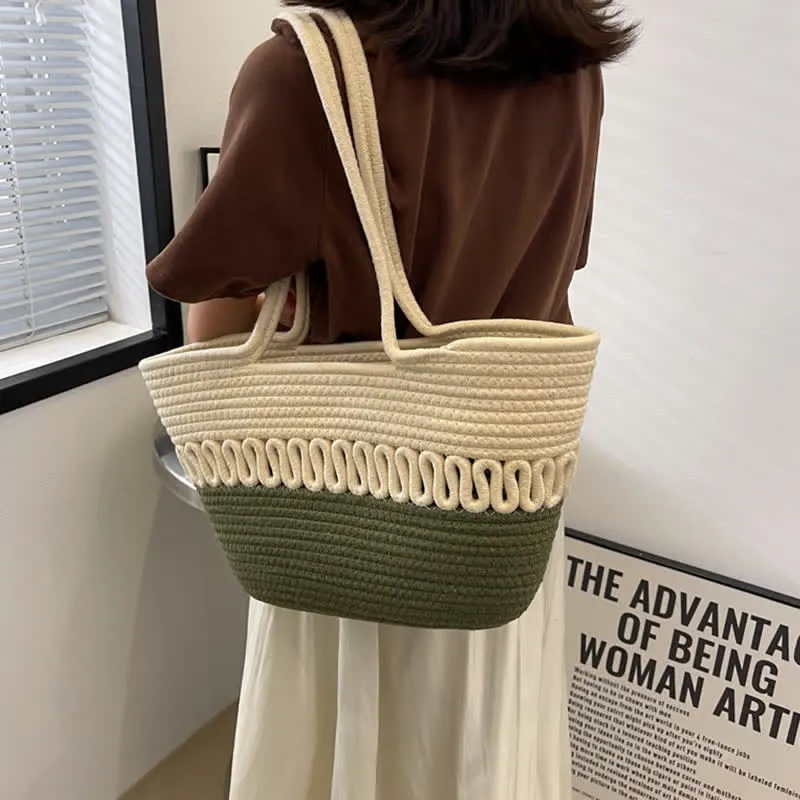Vintage Colorblock Dot Hollow Boho Handmade Straw Tote Bag