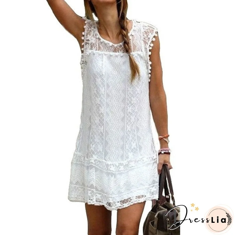 Fashion Summer Dress Sexy Women Casual Sleeveless Beach Short Dress Tassel Solid White Mini Lace Dress Plus Size