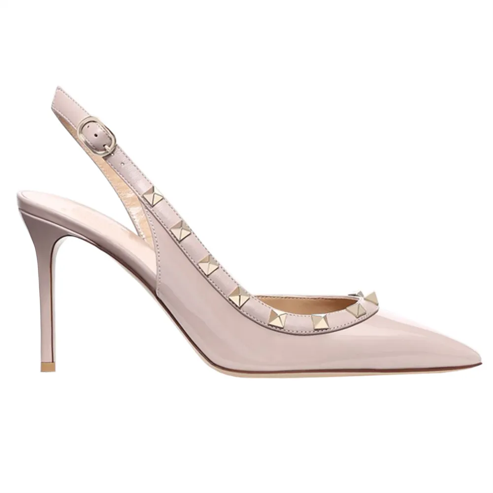 100mm Women's Midd Heels Pumps Rivets Buckle Closure Nude Sandals-vocosishoes