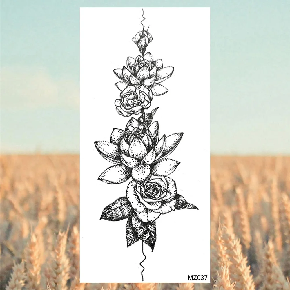Black Lotus Pendant Temporary Tattoos For Women Adult Rose Flower Jewelry Fake Tattoo Fashion Calf Waterproof Half Sleeve Tatoos