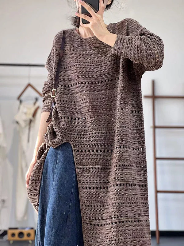 Hollow Solid Color Split-front Long Sleeves Loose Round-neck Sweater Tops