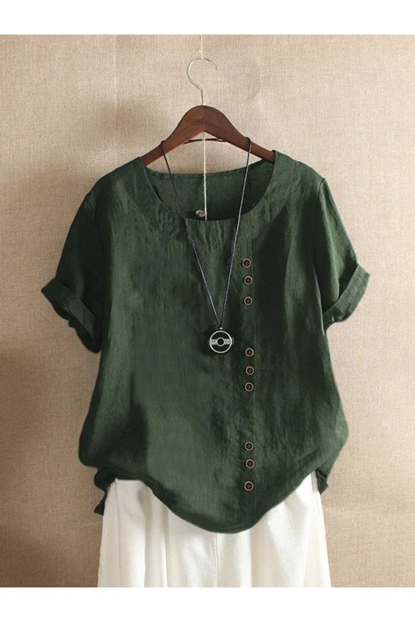T-shirt d'été à manches courtes et col rond de couleur unie avec bouton
