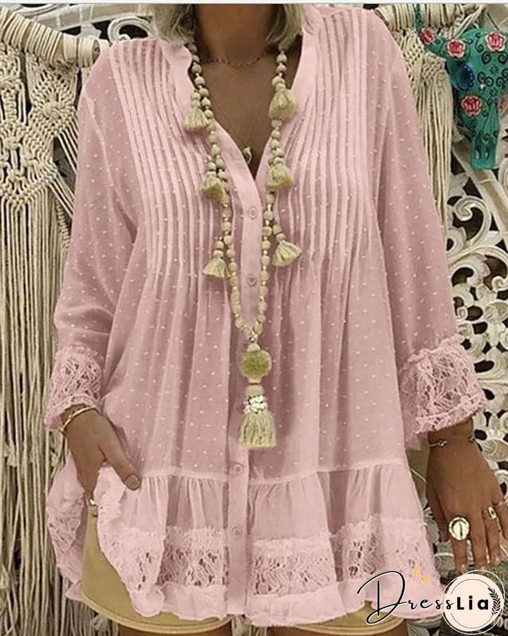 Women's Plus Size Blouse Shirt Solid Colored Long Sleeve Lace Pleated V Neck Tops Loose Basic Top White Blushing Pink Khaki-817