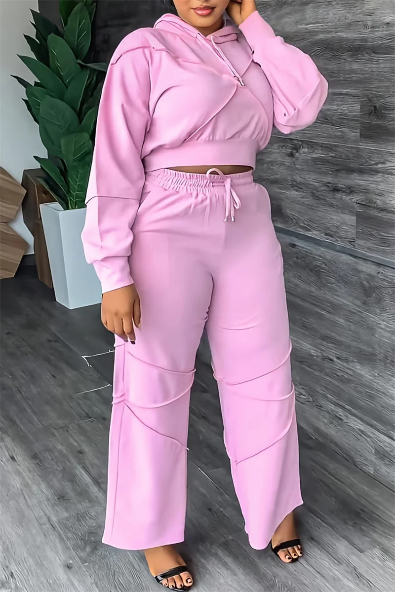 Pink Casual Solid Patchwork Hooded Collar Long Sleeve Two Pieces | EGEMISS