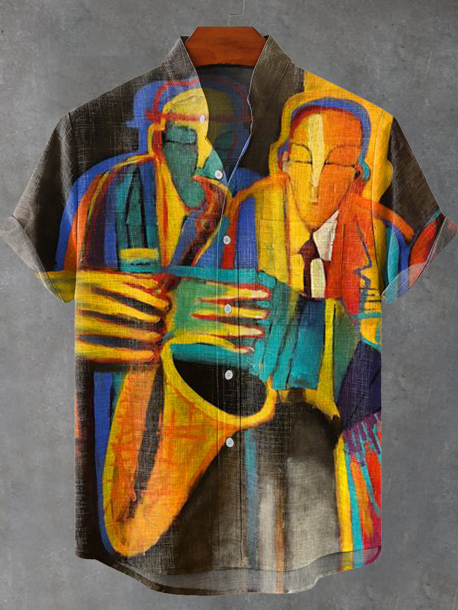 Vintage Colorful Jazz Music Illustration Art Print Casual 100% Cotton Shirt