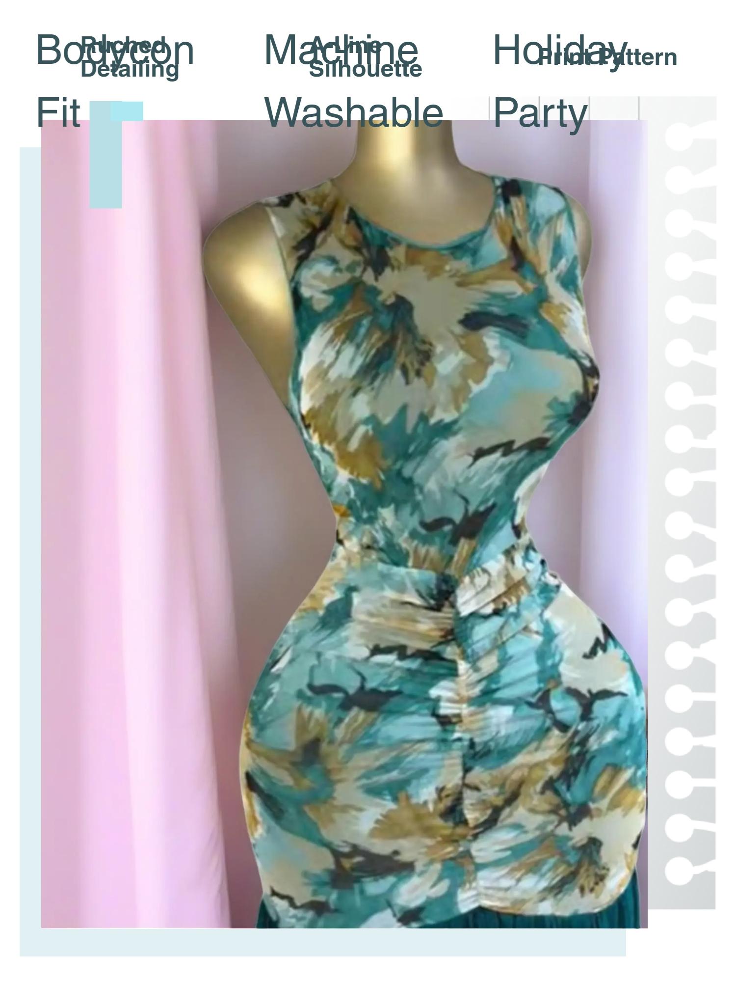 PULKRITU Women's Printed Ruched Stacked Bodycon Fitted A-Line Long Evening Dress, Fall Winter Holiday Party Gown, Elegant Chic Formal Party Wear, Prom Evening Gown, Bodycon Sleeveless Dress
