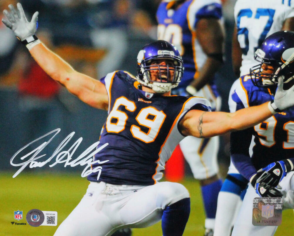 Jared Allen Autographed Minn Vikings Celebration 8x10 FP Photo Poster painting- Beckett W *White