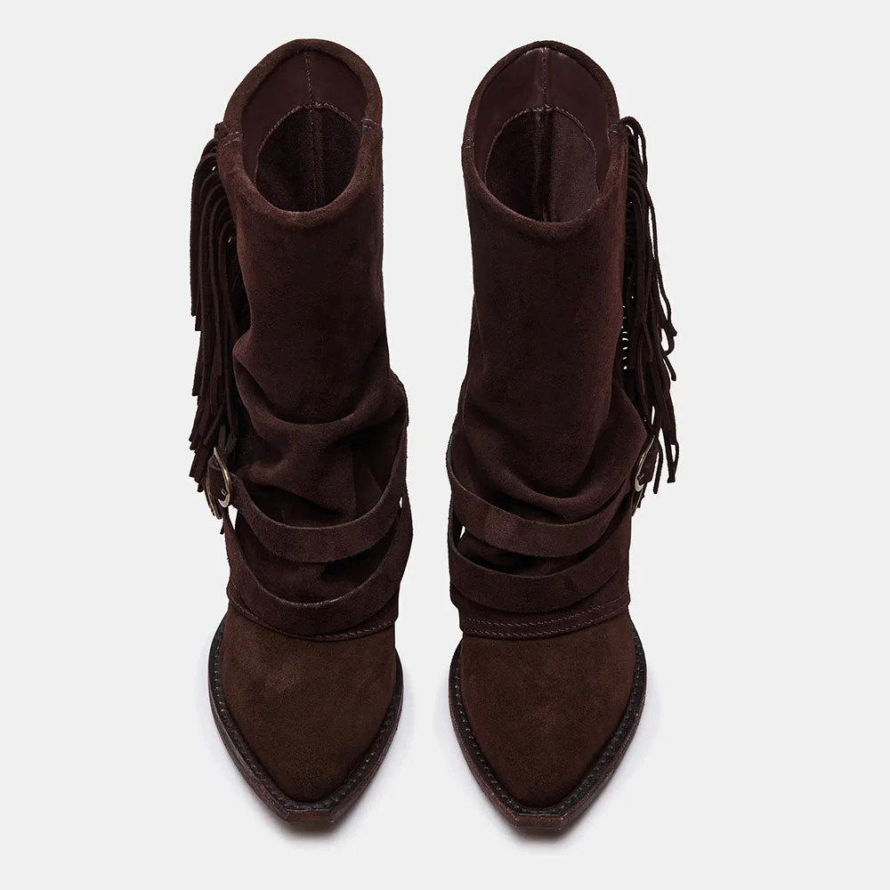 Dark Brown Block Heel Fold Over Buckle Fringe Ankle Boots for Women