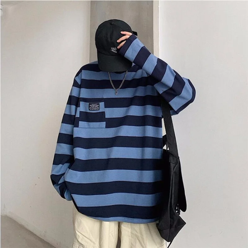 Aonga  Hot Sale Striped All-Match Men's T-Shirt Harajuku Korean Style Loose Oversized Long Sleeve Clothes Hip Hop Streetwear Tops