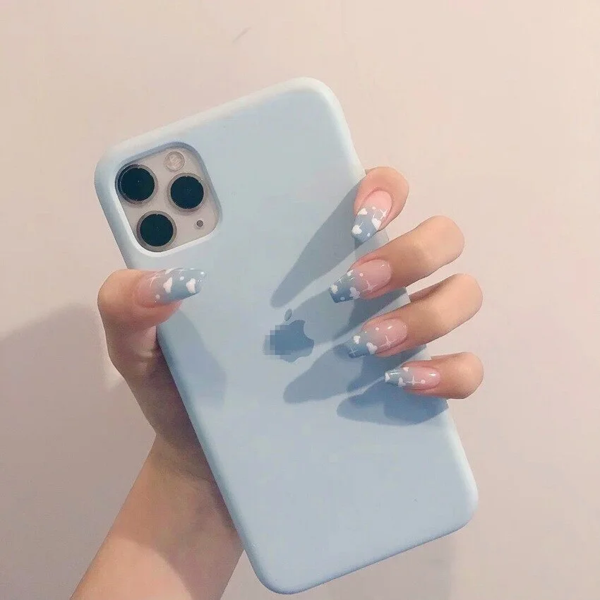 24pcs Blue Starry Sky Romantic Graffiti Nail Art With Artificial Diamond Fake Nails With Glue Fake Nails Long With Wearing Tools-Nail Inspo