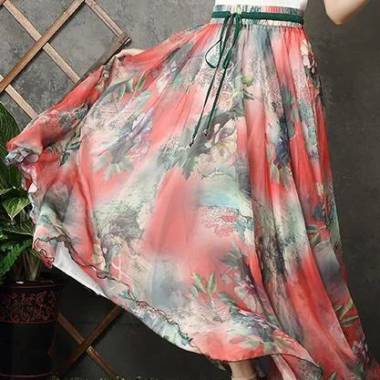 Handmade elastic tie waist chiffon tunic pattern Work Outfits red prints Plus Size Dresses summer