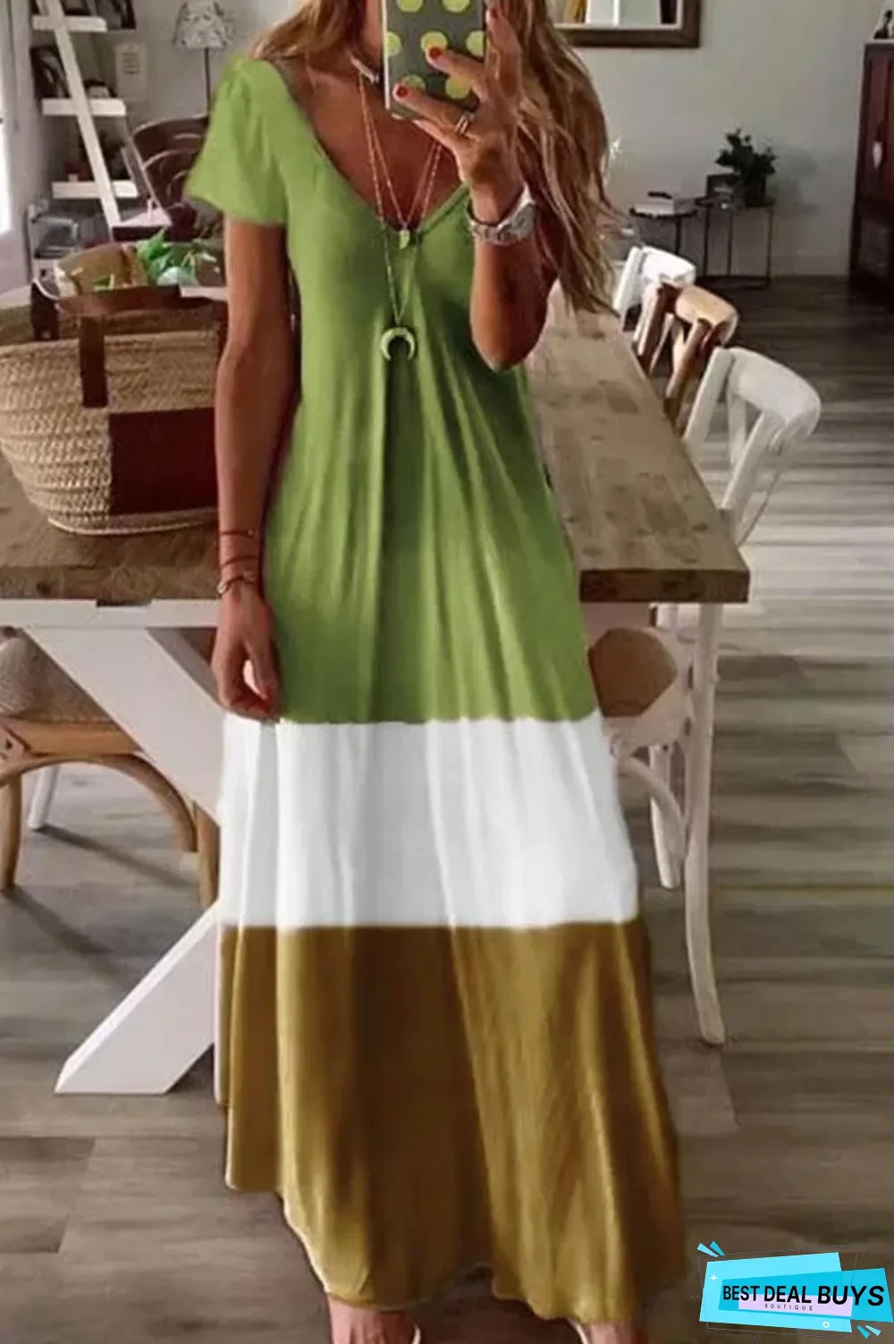 Color-Block V-Neck Short Sleeves A-Line Holiday Maxi Dress