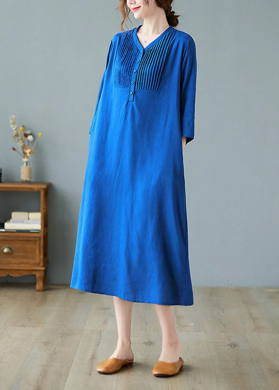 Plus Size Blue Wrinkled Linen Long Dresses Half Sleeve