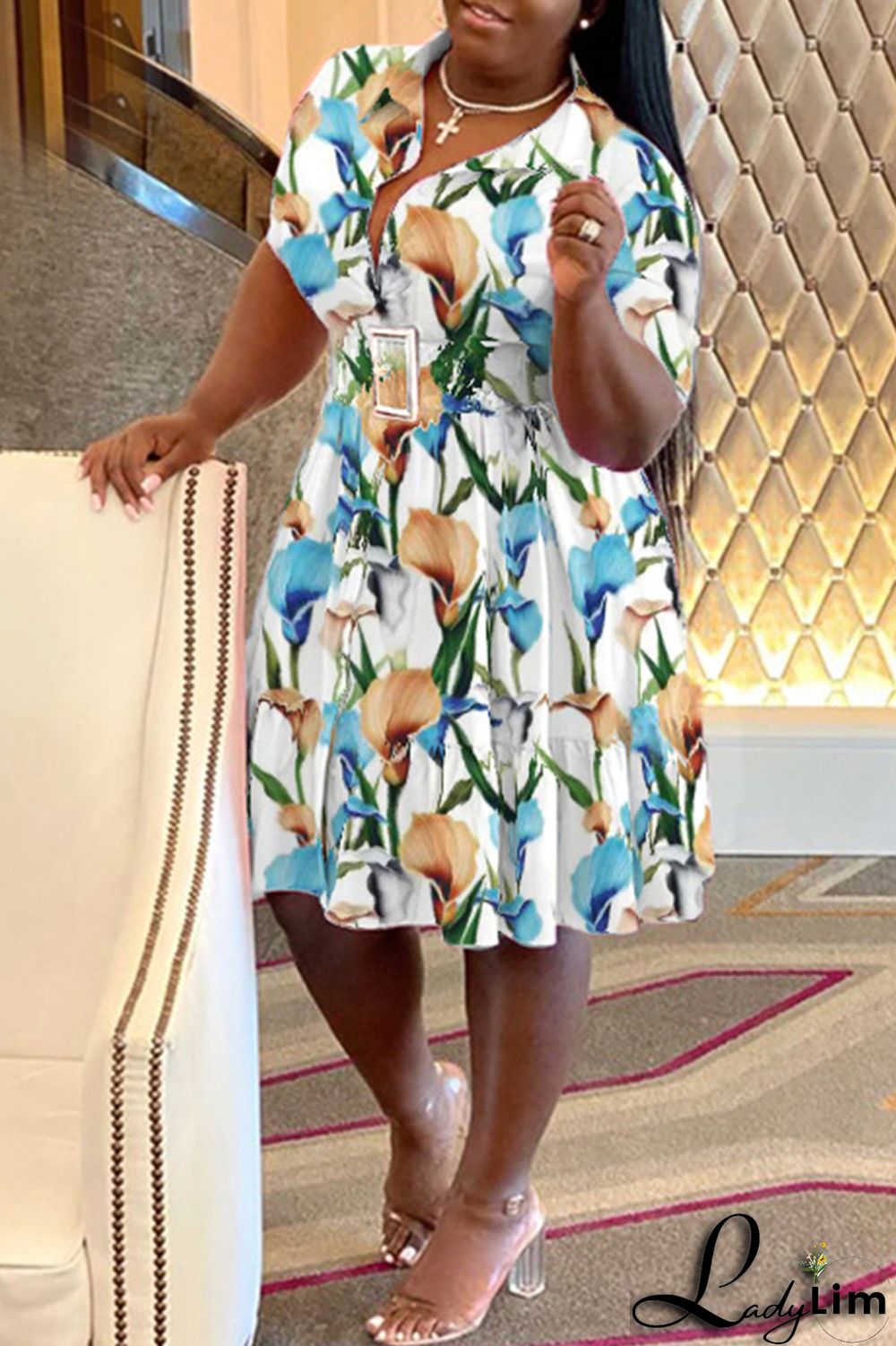 Purple Casual Print Patchwork Fold Turndown Collar A Line Plus Size Dresses