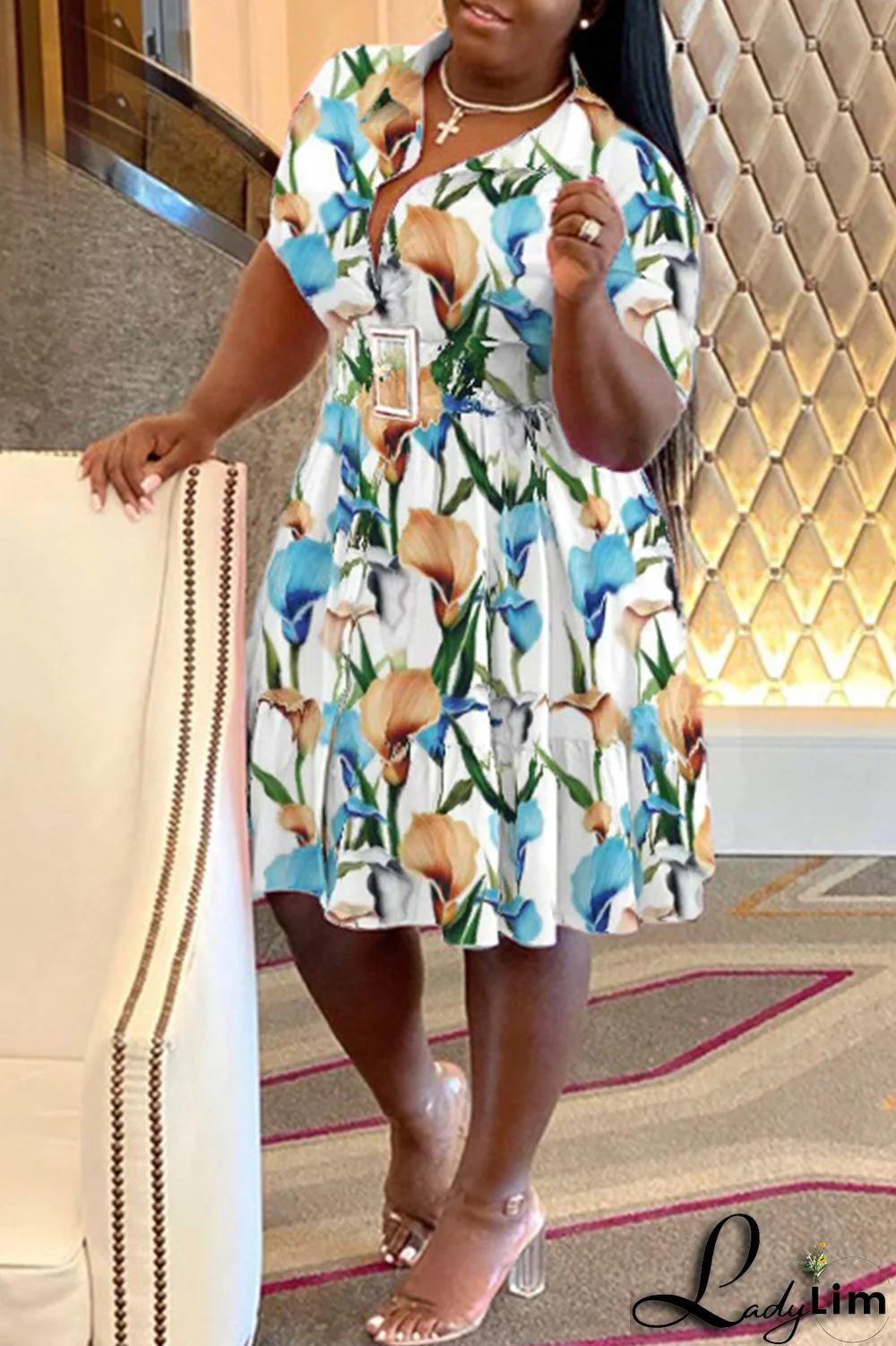 Purple Casual Print Patchwork Fold Turndown Collar A Line Plus Size Dresses