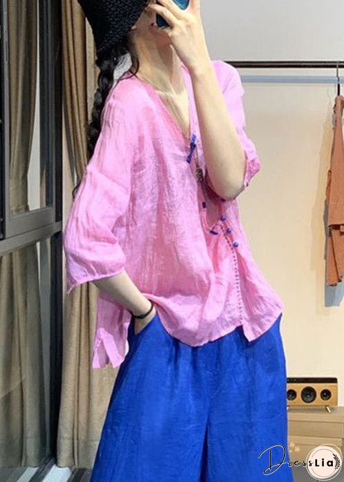 French Pink V Neck Button Cotton Shirt Bracelet Sleeve
