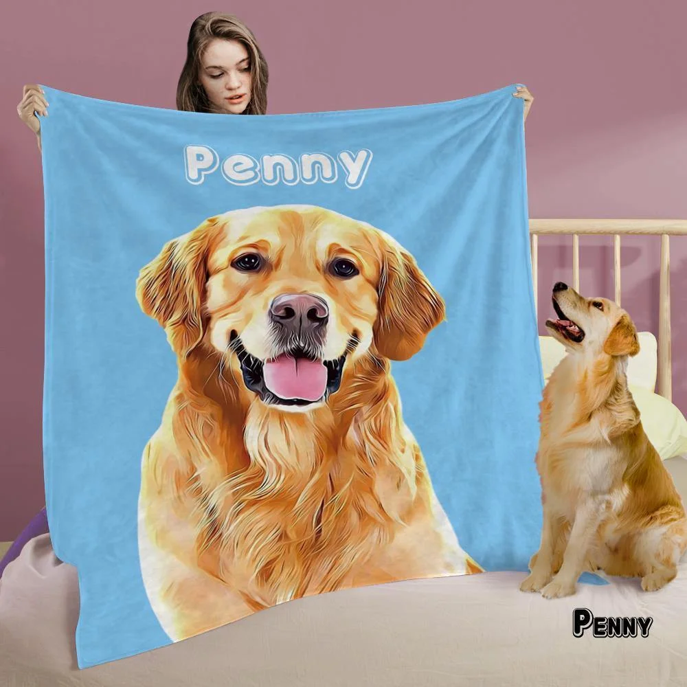 Custom Dog Blankets Pet Photo Painted Art Portrait Fleece Blanket