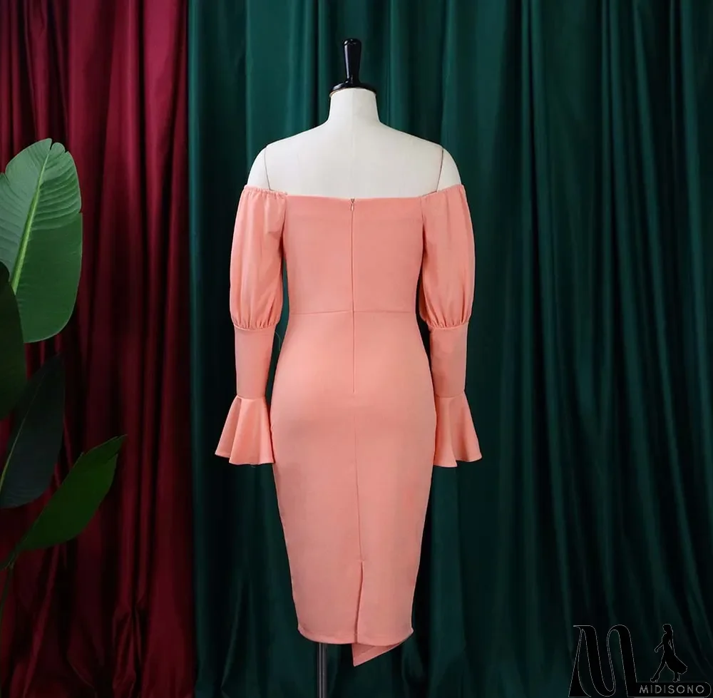 MidiSono - Spring Plus Size Sexy Peach Off Shoulder Ruffles Long Sleeve Midi Dress