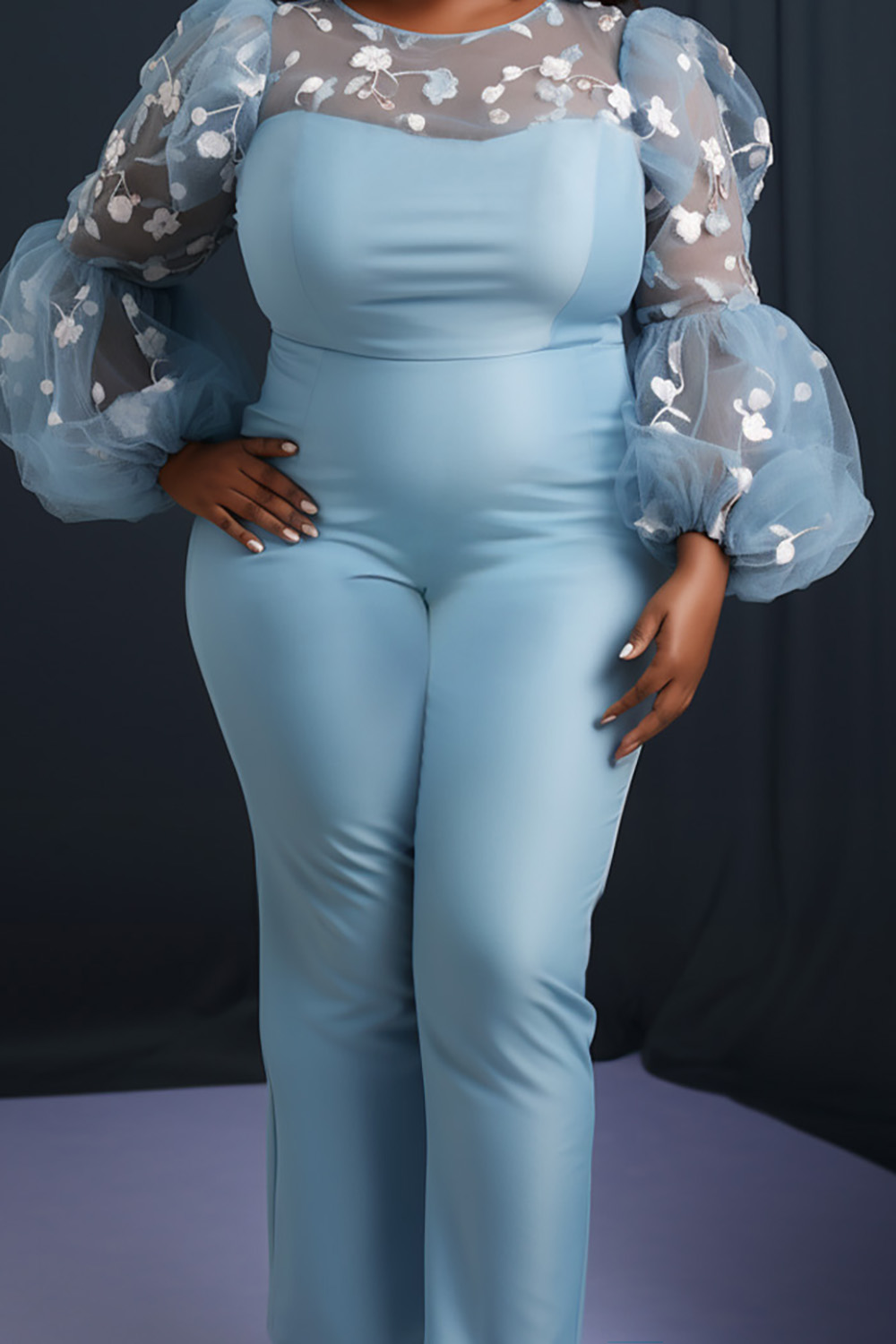 Design Plus Size Semi Formal Elegant Light Blue Round Neck Lantern Sleeve Long Sleeve Jacquard Chiffon Jumpsuits [Pre-Order]