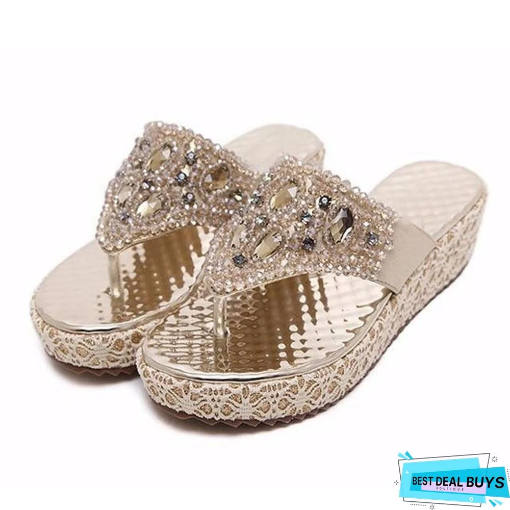 Women's Rhinestone Platform Sandal Shoes Beach Flip Flops Sandals