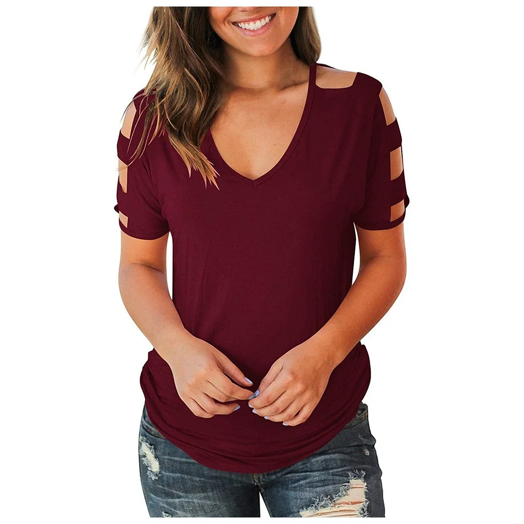 Summer Fashion Sexy Solid Hollow Out Blouse Casual Loose V-Neck Ladies Tee Tops Female Women's Short Sleeve Blusas Pullover