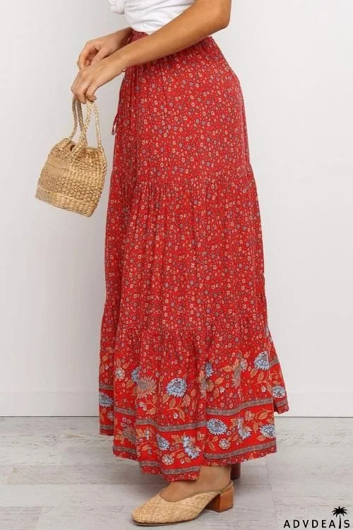 Boho Floral Print Elastic High Waist Pleated A Line Maxi Skirt