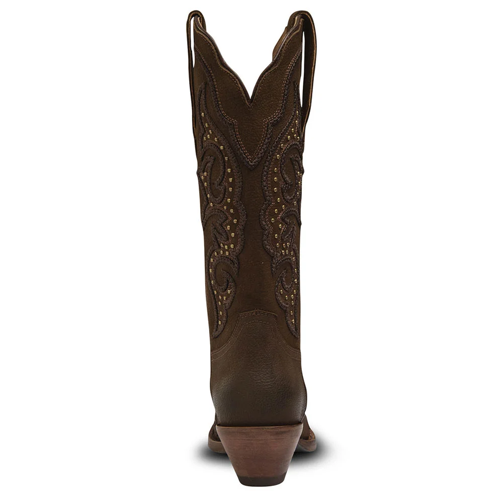 Brown Vegan Leather Chunky Heel Studded Cowgirl Boots with Embroidery