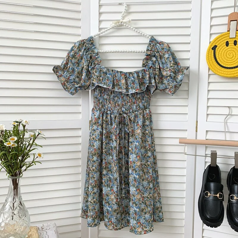 Croysier Vintage Floral Print Dress Women Summer Vacation Beach Dress Ruffle Square Neck Short Puff Sleeve Casual Mini Dress