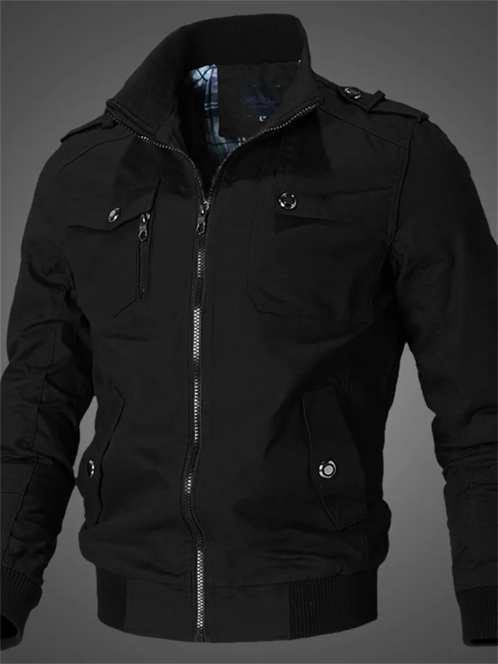 Solid Color Casual Stand Collar Men's Jacket Cotton Coat-Cosfine