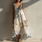 Women's Vintage White Rose Gradient Pattern Linen Sleeveless Dress - Image 2