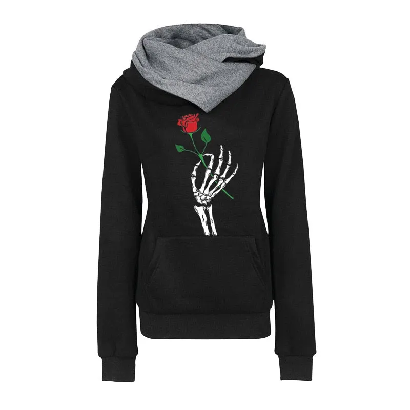 Winter Rose Print Hoodies Women Clothes Fashion Long Sleeve Fleece Keep Vintage Sweatshirt Plus Size Halloween Pullovers Tops