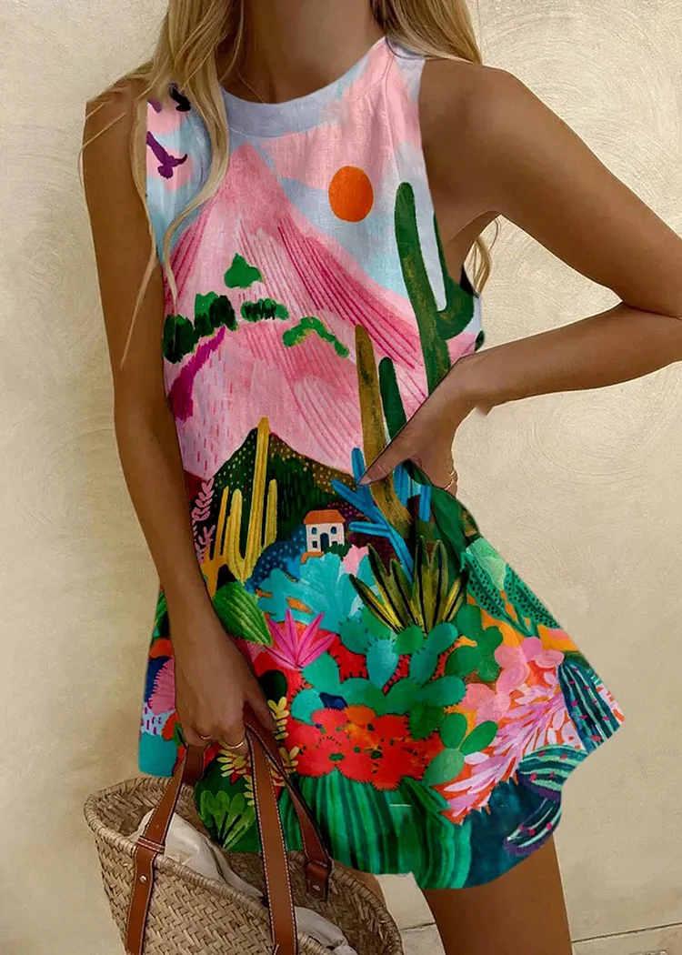Landscape Print Sleeveless Mini Dress