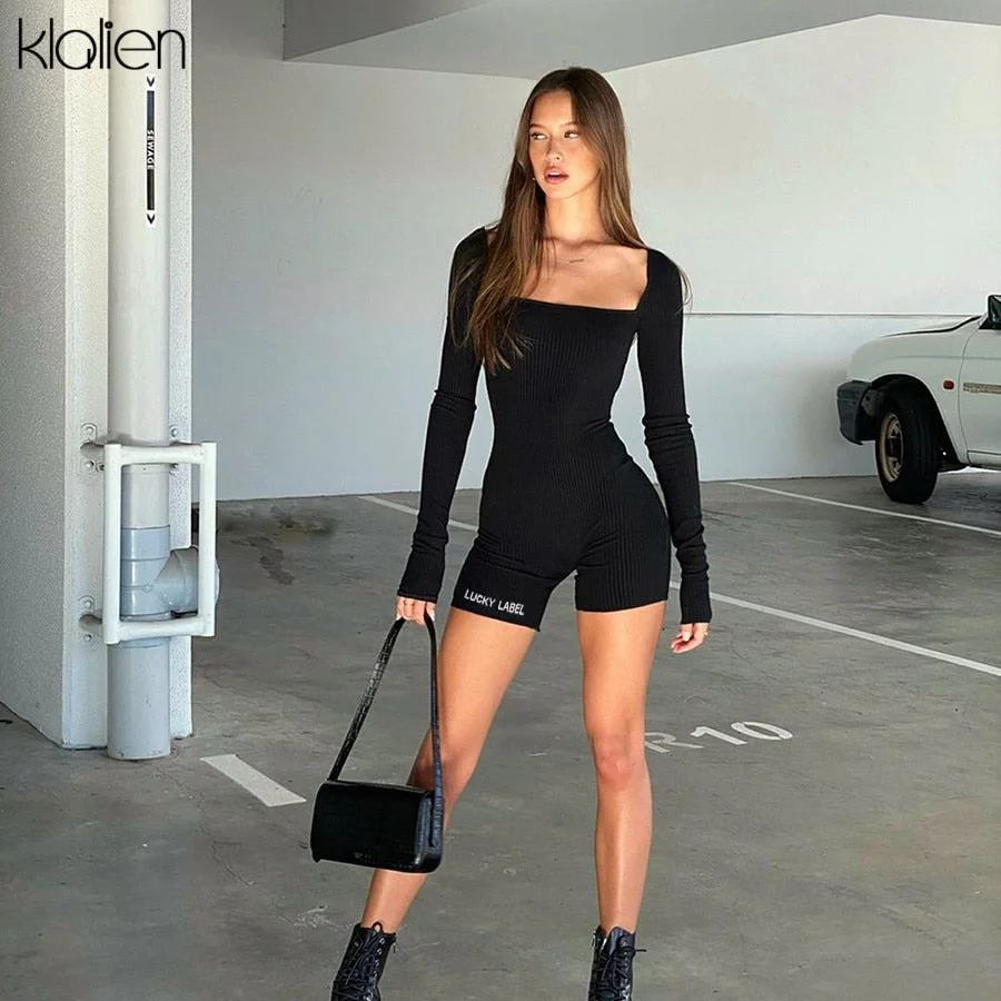 KLALIEN casual streetwear black spring summer print letter skinny playsuit women elastic yoga fitness sportwear female playsuit