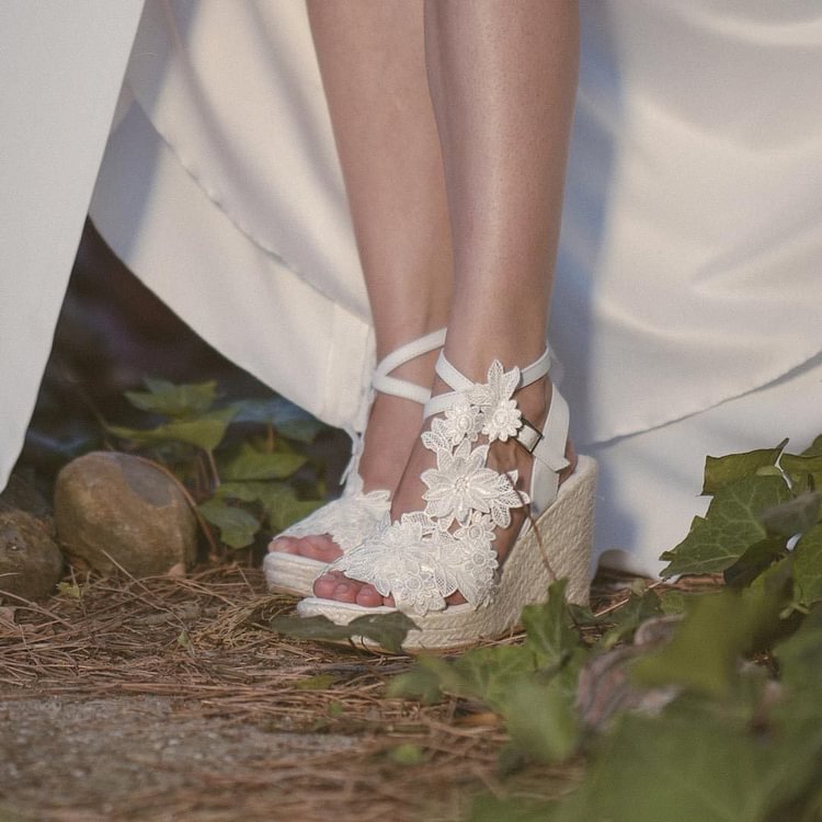 Ivory Lace Floral Wedding Wedges Peep Toe Bridal Platform Sandals |FSJ Shoes