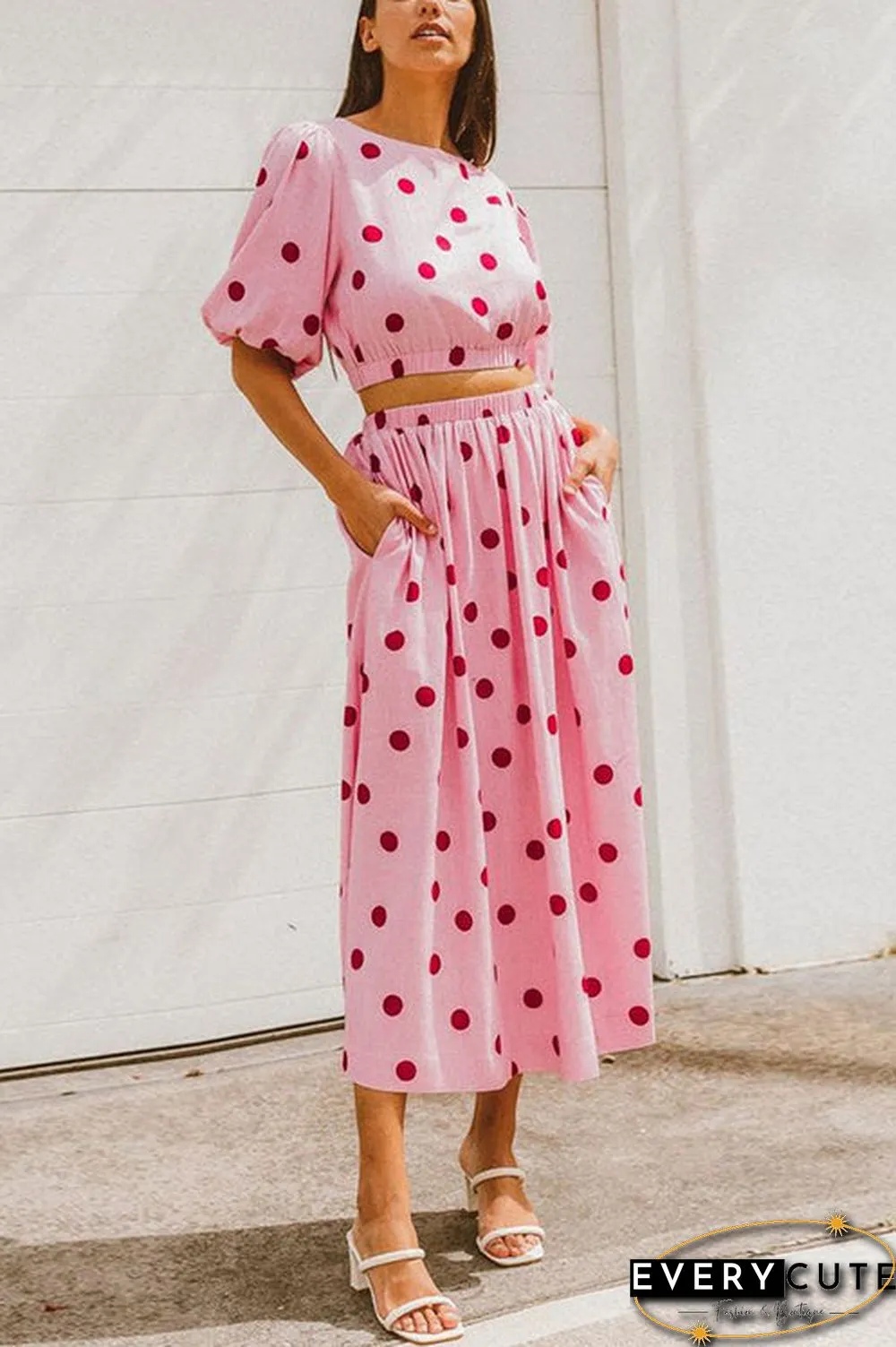 Polka Dot Puff Sleeve Maxi Skirts Set