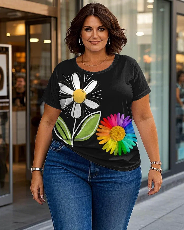 Women's Plus Size White & Pink Butterfly Crewneck Short-sleeved T-shirt