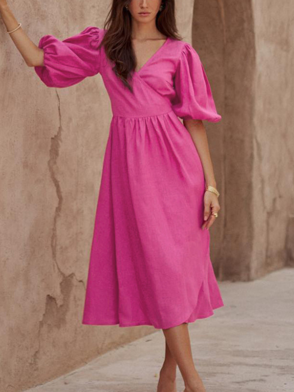 Women's Party Dress 100% Cotton V-Neck Puff Sleeve A Line French Style Grace Slit Dress