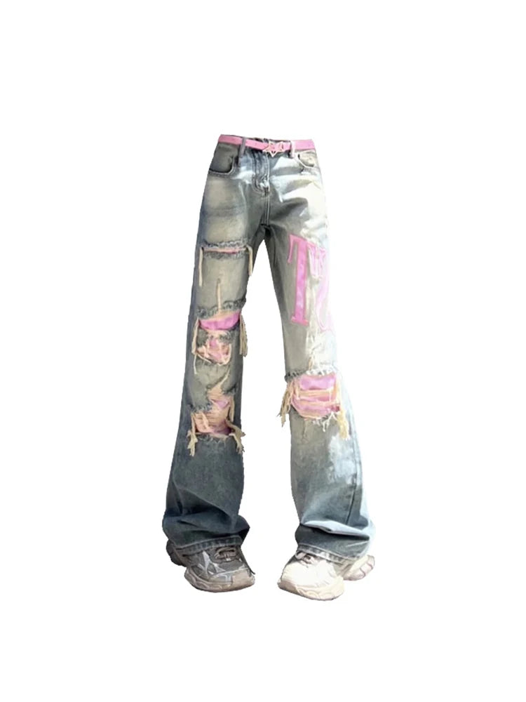 Aiertu Women's Vintage Blue Ripped Jeans Baggy Denim Trousers 2000s High Waist Korean Y2k Streetwear Female Punk Wide Leg Pants Clothes Aiertu