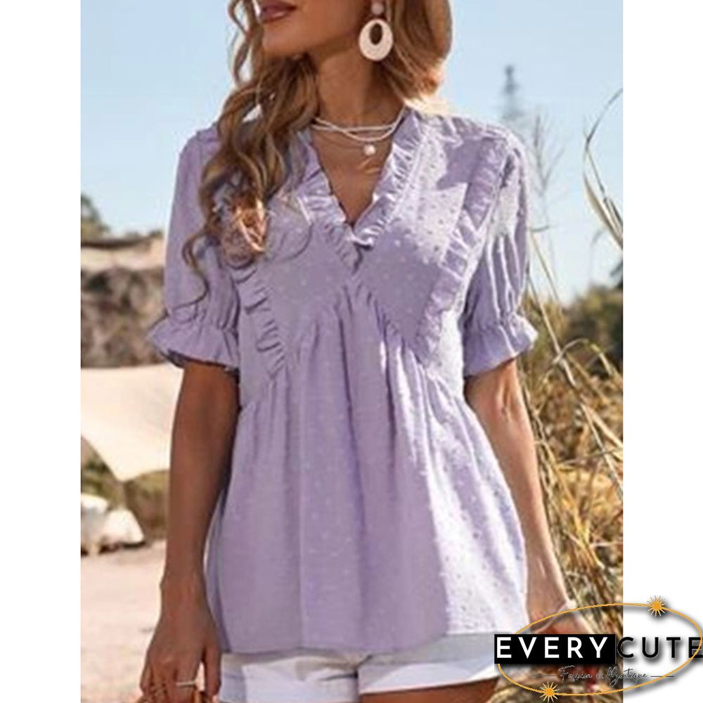 Light Purple Ruffle Detail V Neck Short Sleeve Jacquard Tops