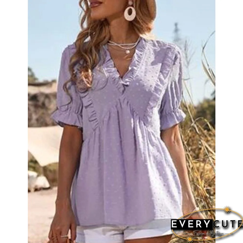 Light Purple Ruffle Detail V Neck Short Sleeve Jacquard Tops