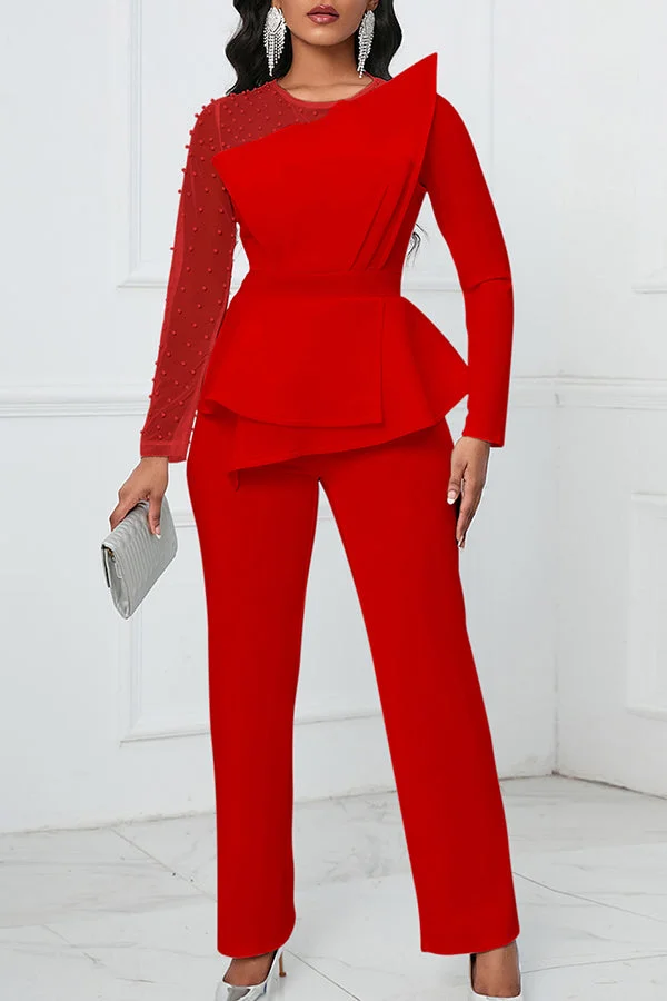 Elegant Long-sleeved Mesh Patchwork Beaded Jumpsuit